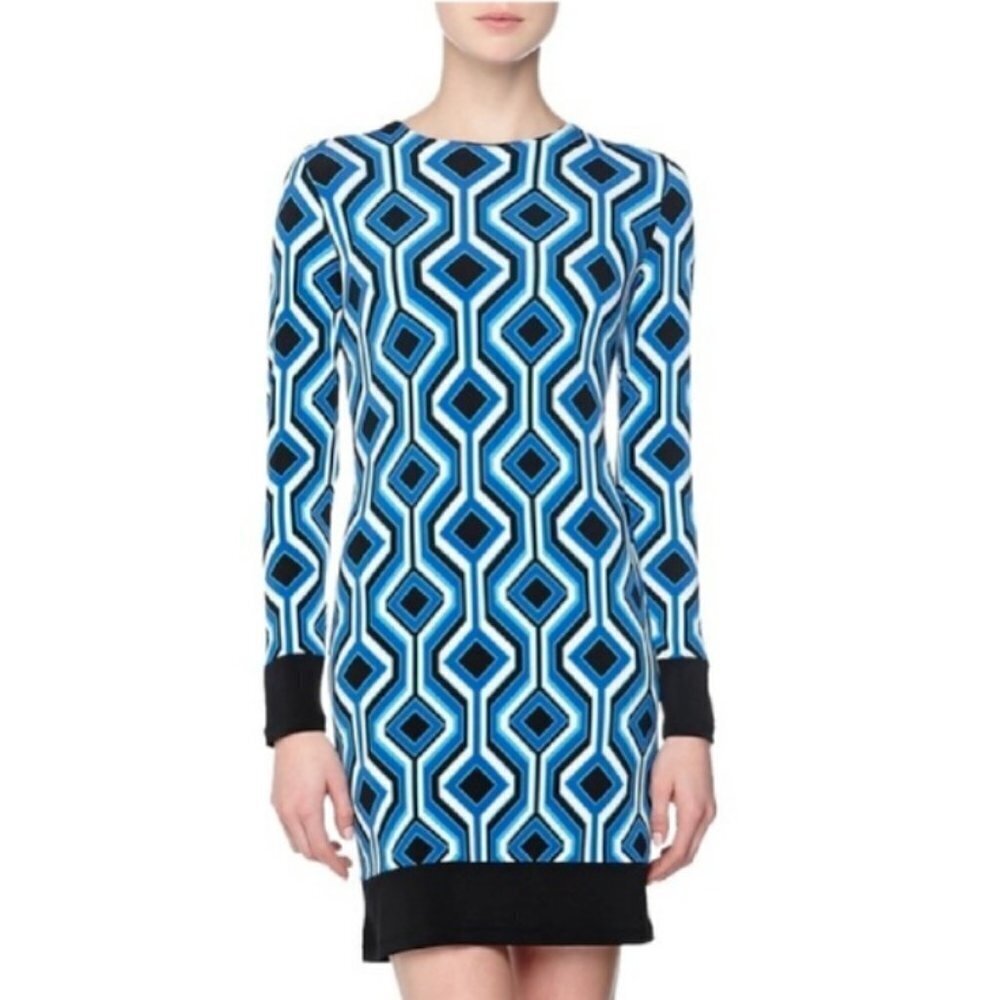 Michael Kors AMALFI Blue/Black Geometric Print Jersey Shift Dress Size 12